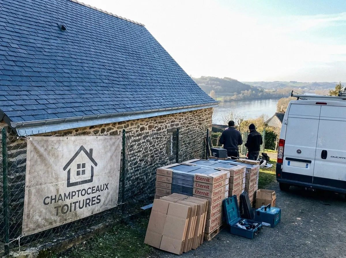 Toiture en ardoise neuve d'une maison en pierre à Champtoceaux, bâche Champtoceaux Toitures et vue sur la Loire